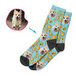 Load image into Gallery viewer, blue Smiles socks personalized with photo of face printed on them
