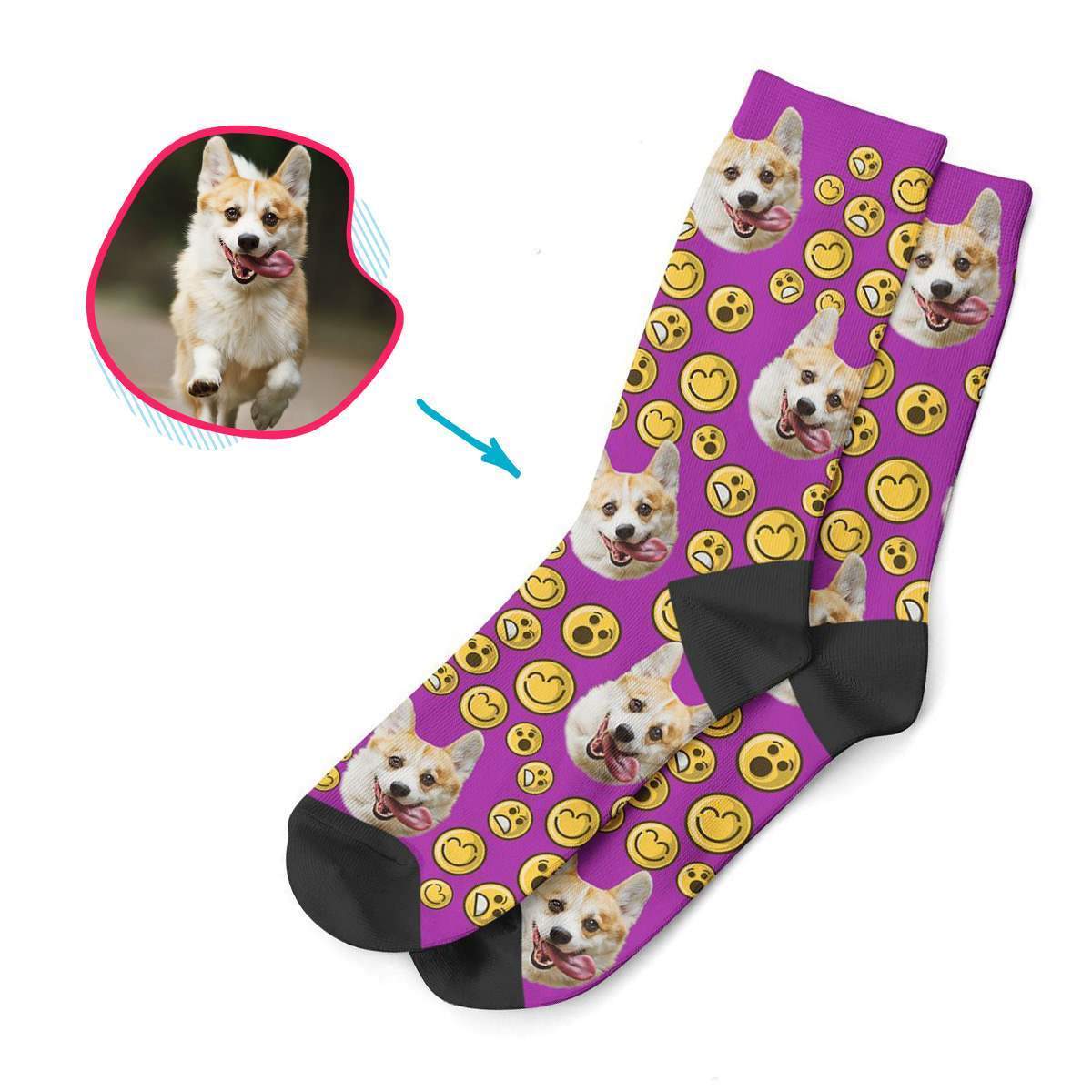 purple Smiles socks personalized with photo of face printed on them