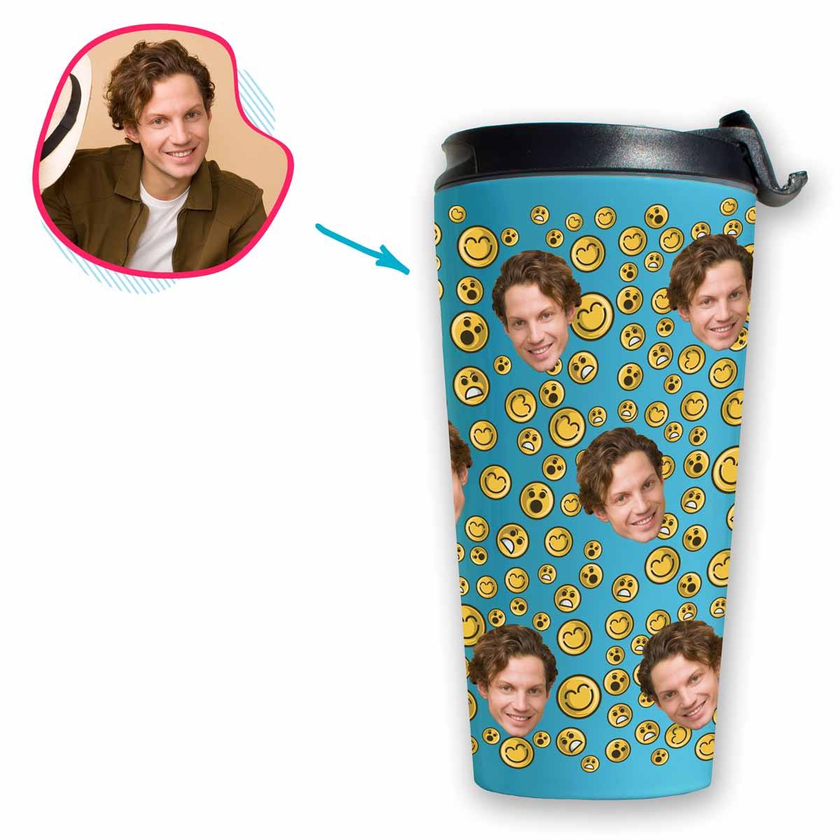 blue Smiles travel mug personalized with photo of face printed on it