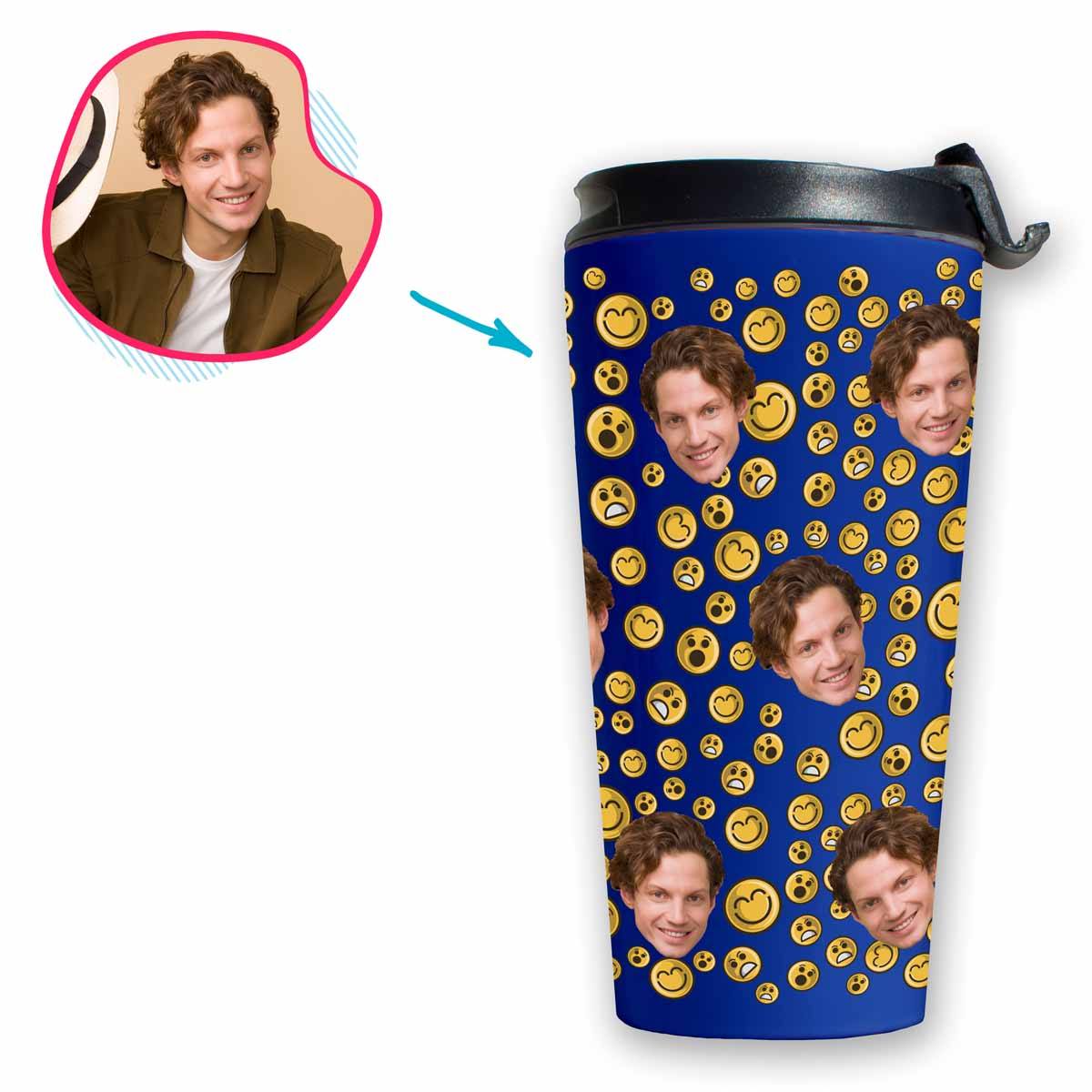 darkblue Smiles travel mug personalized with photo of face printed on it