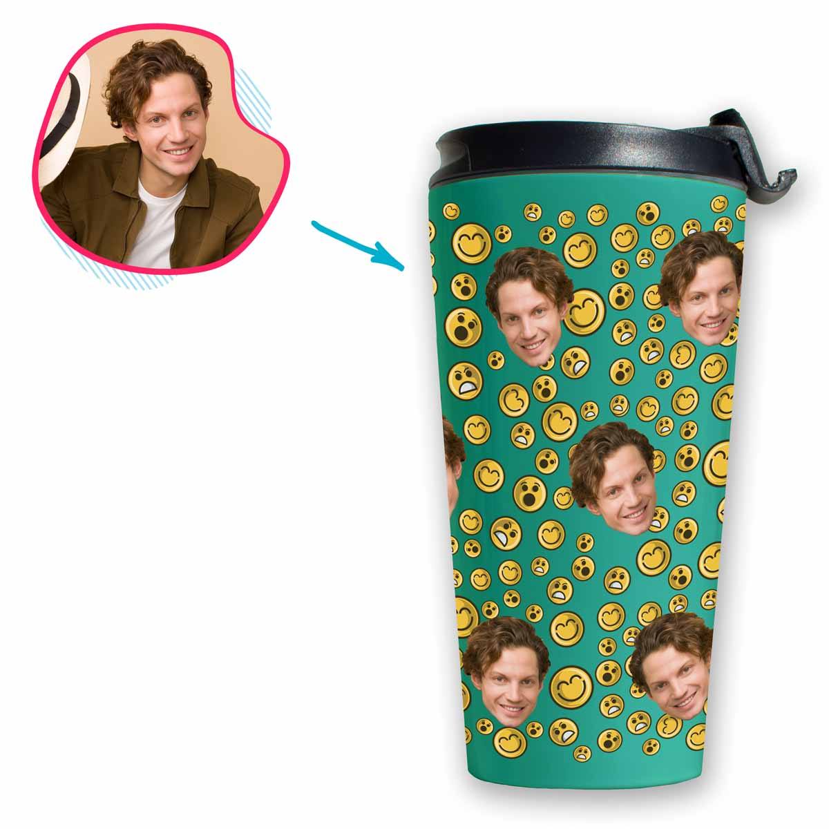 mint Smiles travel mug personalized with photo of face printed on it