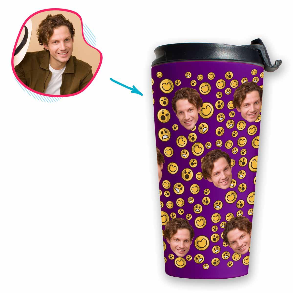 purple Smiles travel mug personalized with photo of face printed on it