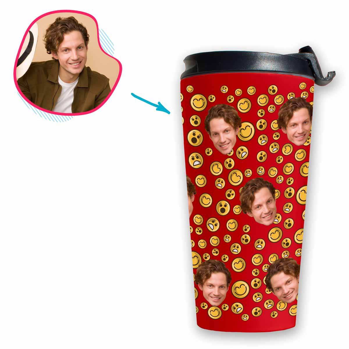 red Smiles travel mug personalized with photo of face printed on it