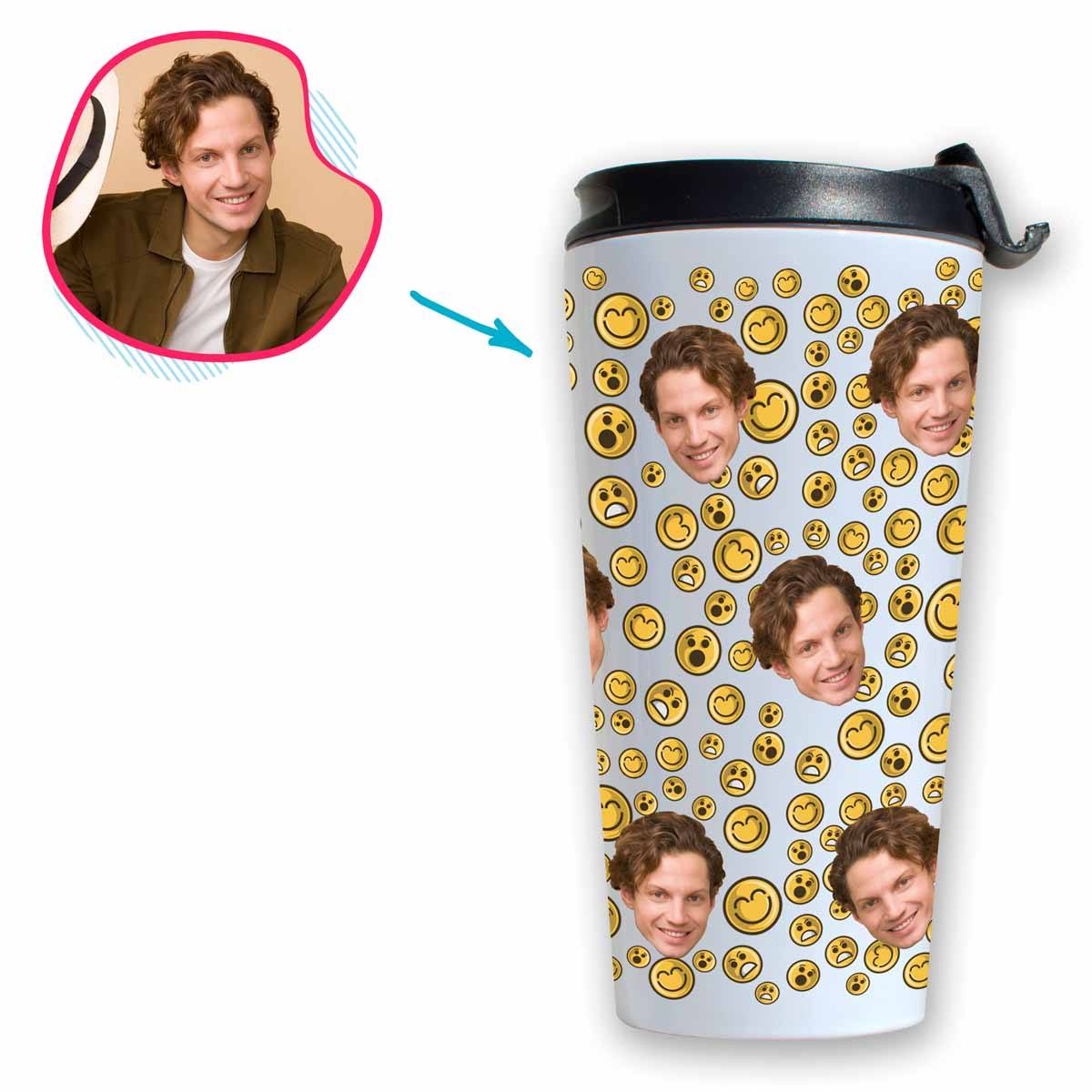 white Smiles travel mug personalized with photo of face printed on it