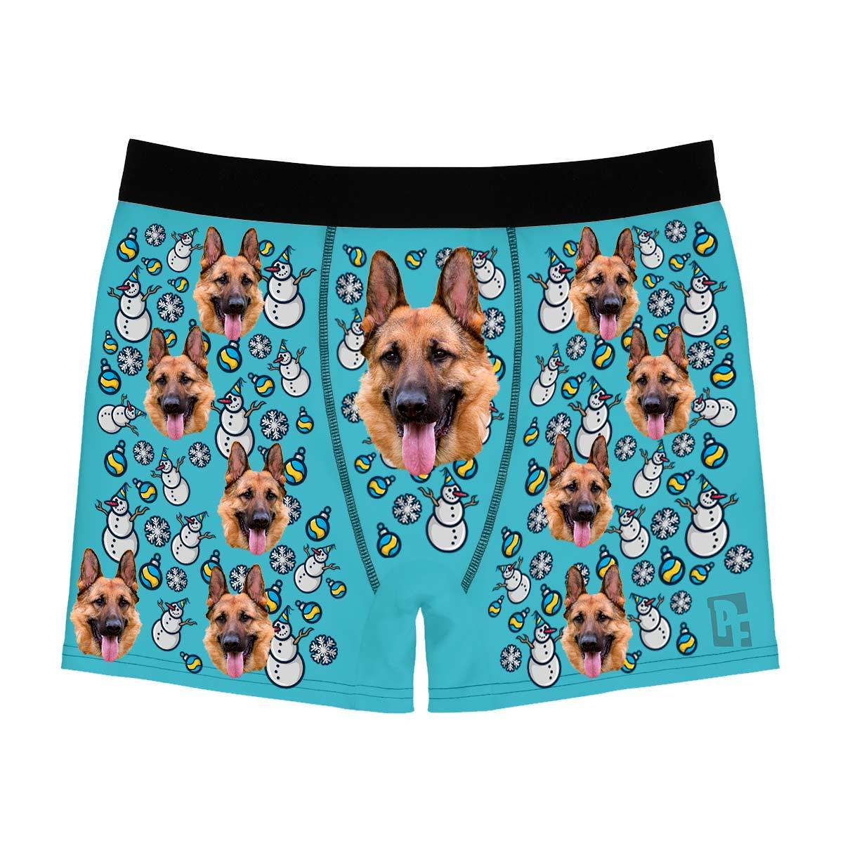 Blue Snowman men's boxer briefs personalized with photo printed on them