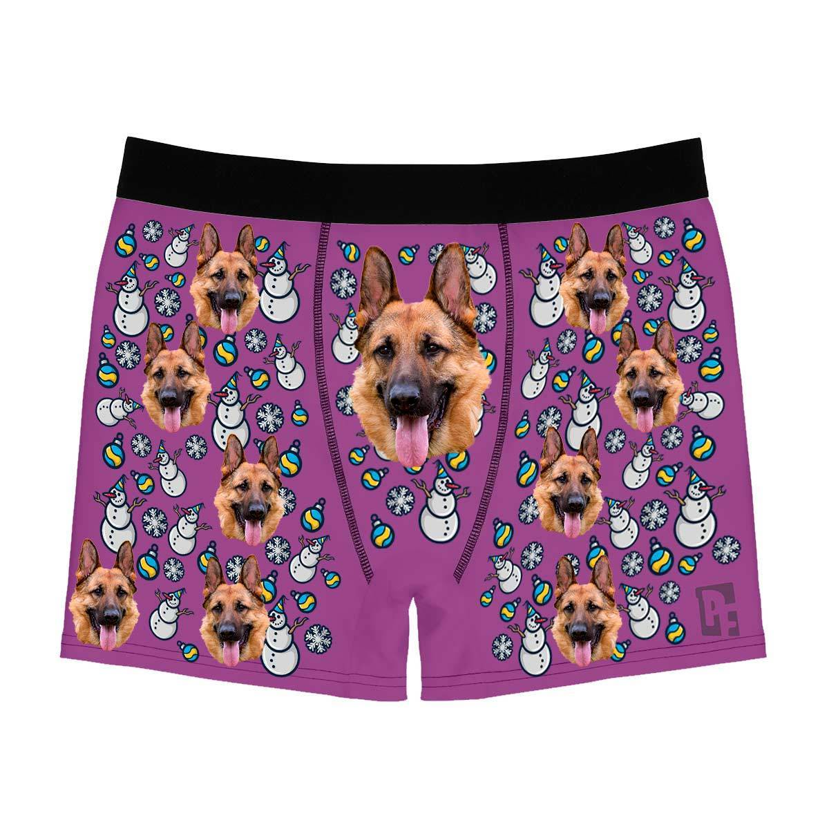 Purple Snowman men's boxer briefs personalized with photo printed on them