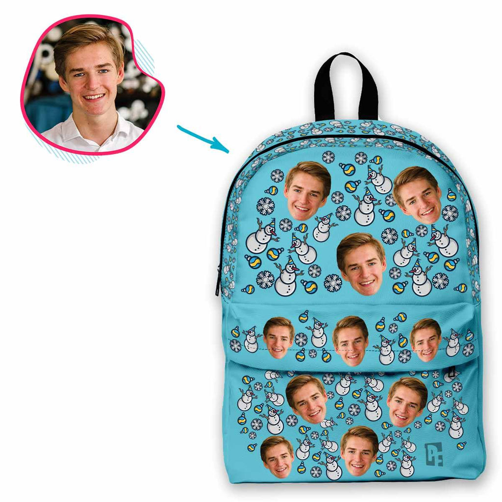 blue Snowman classic backpack personalized with photo of face printed on it