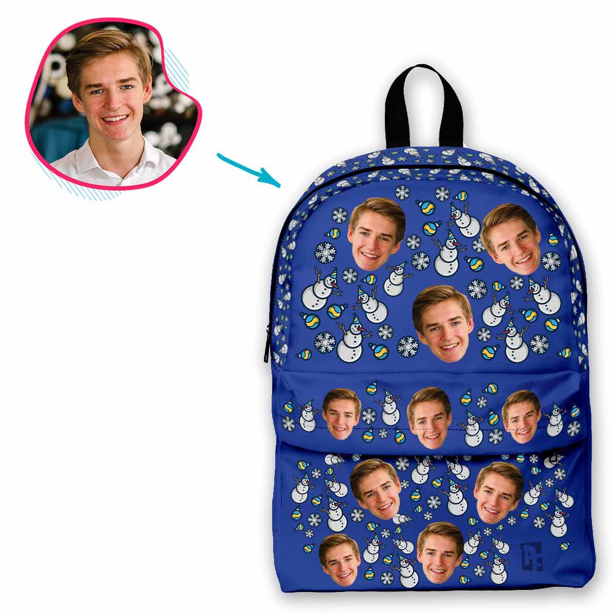 darkblue Snowman classic backpack personalized with photo of face printed on it