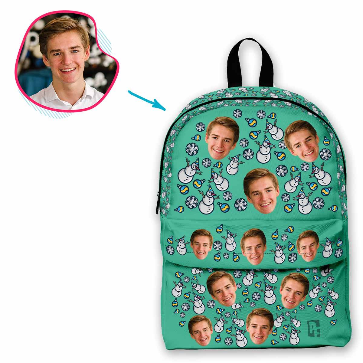 mint Snowman classic backpack personalized with photo of face printed on it