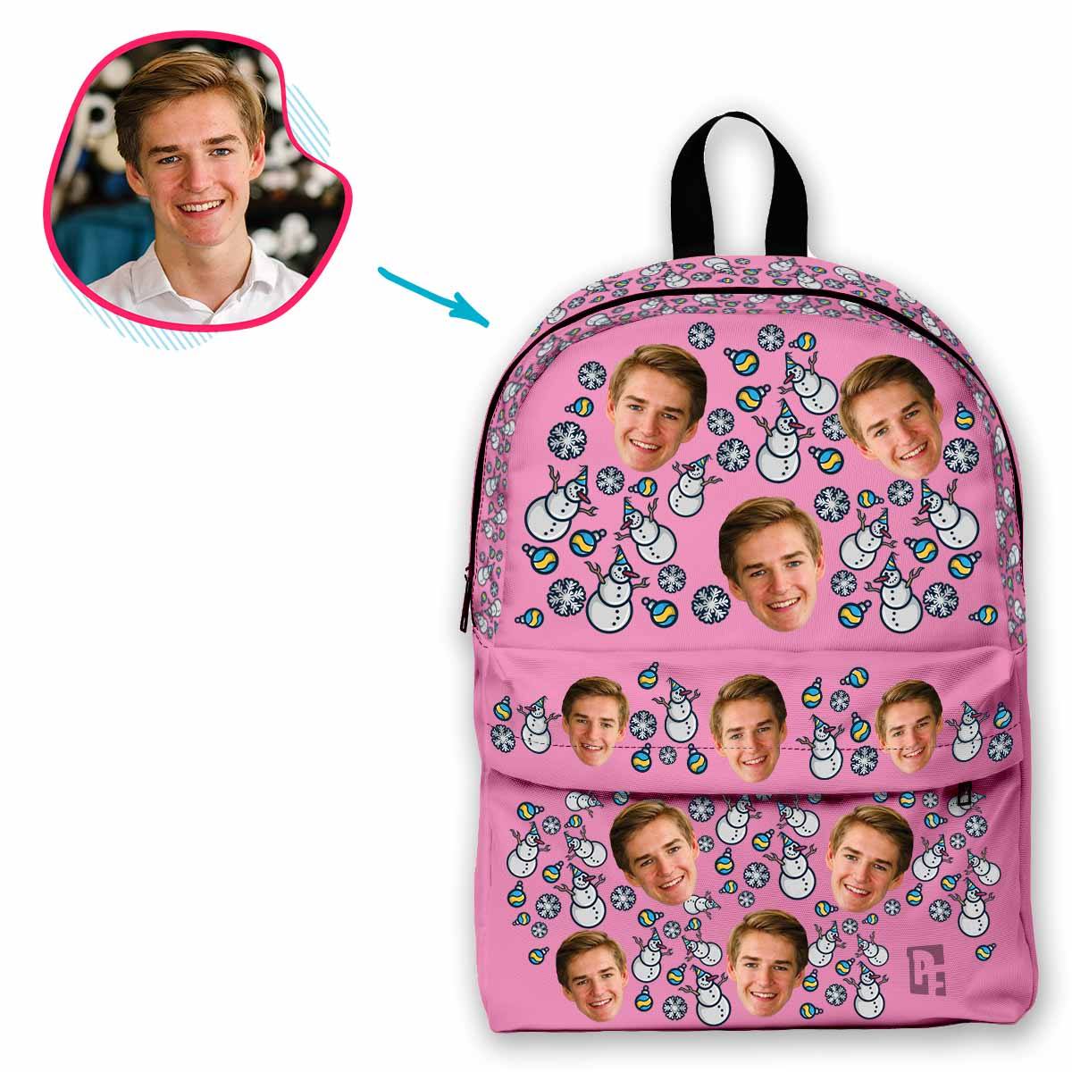 pink Snowman classic backpack personalized with photo of face printed on it