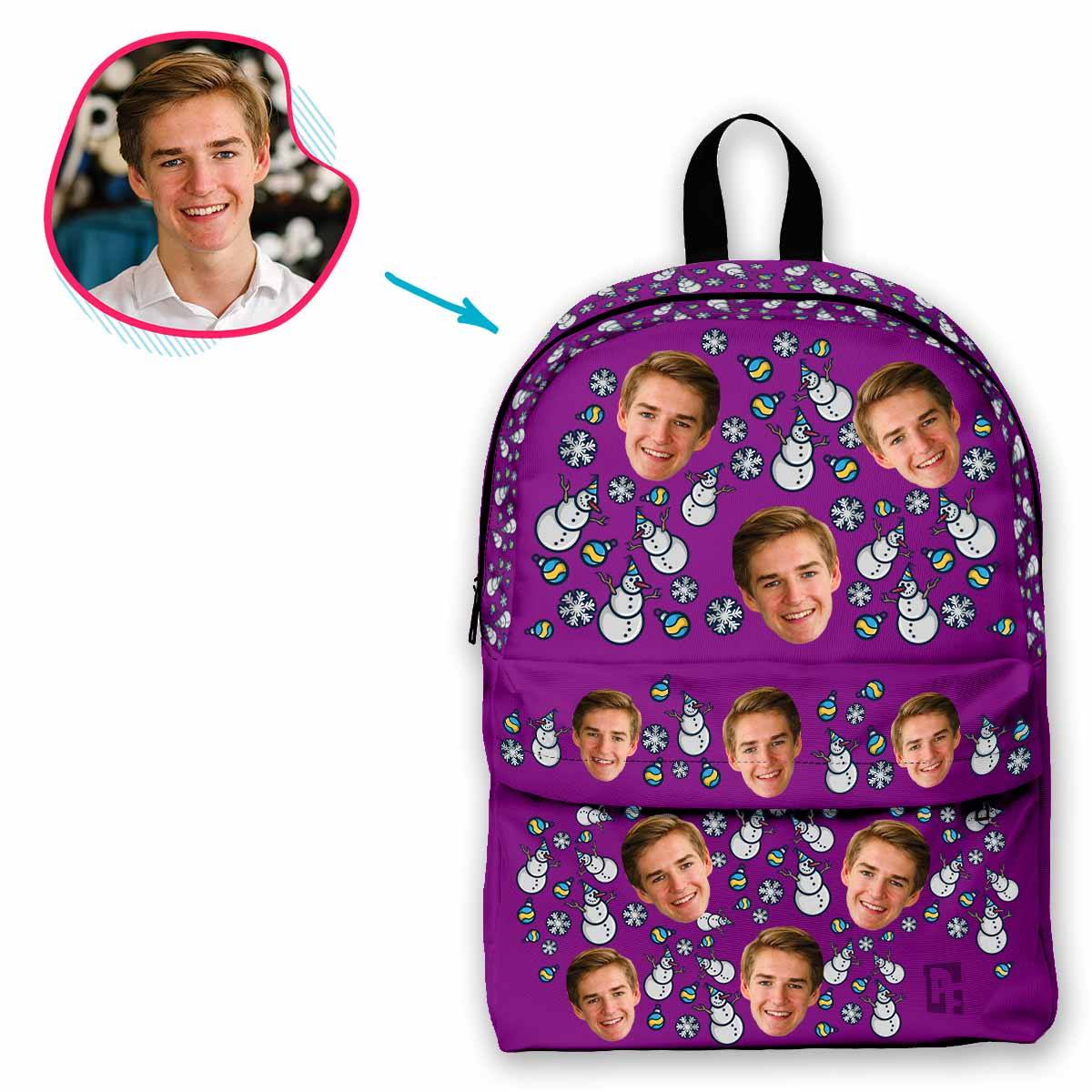 purple Snowman classic backpack personalized with photo of face printed on it