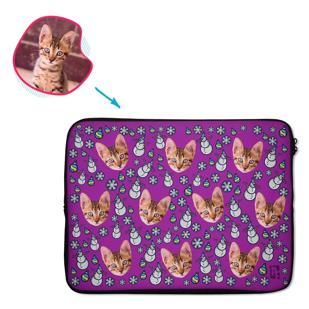 purple Snowman laptop sleeve personalized with photo of face printed on them