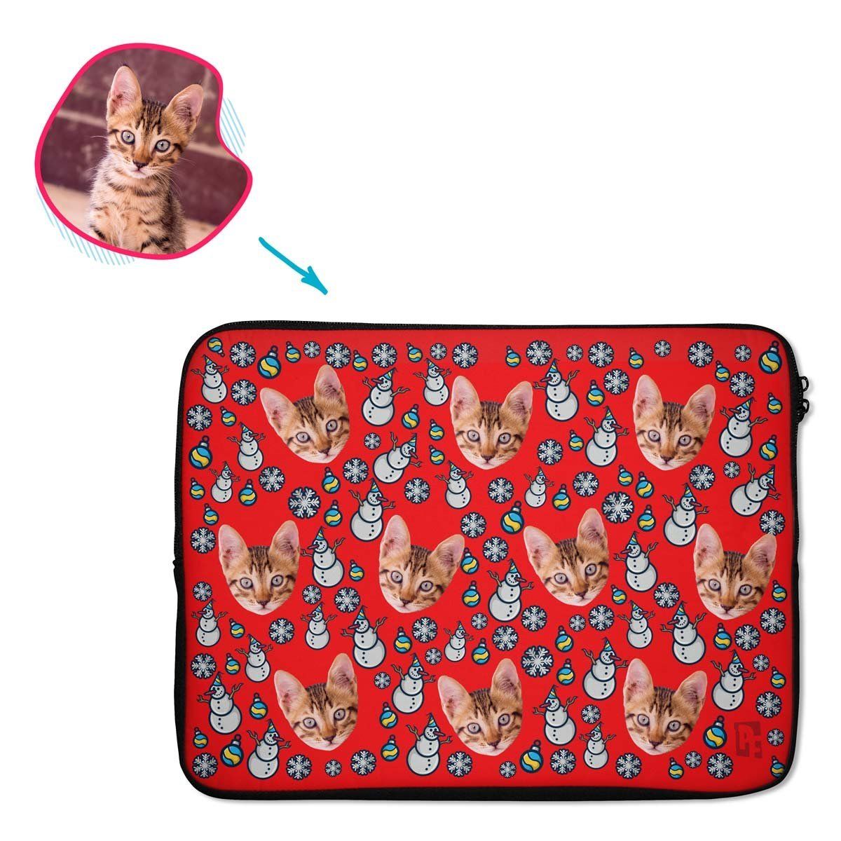 red Snowman laptop sleeve personalized with photo of face printed on them