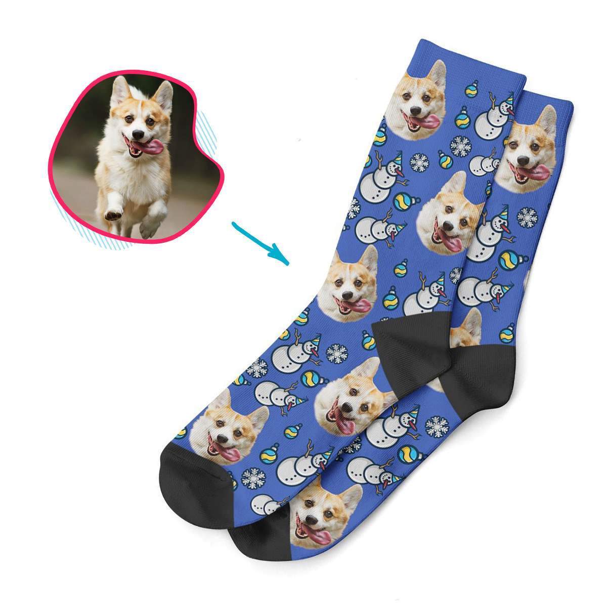 darkblue Snowman socks personalized with photo of face printed on them