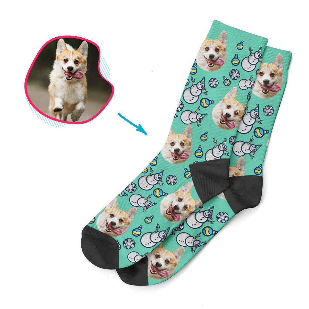 mint Snowman socks personalized with photo of face printed on them