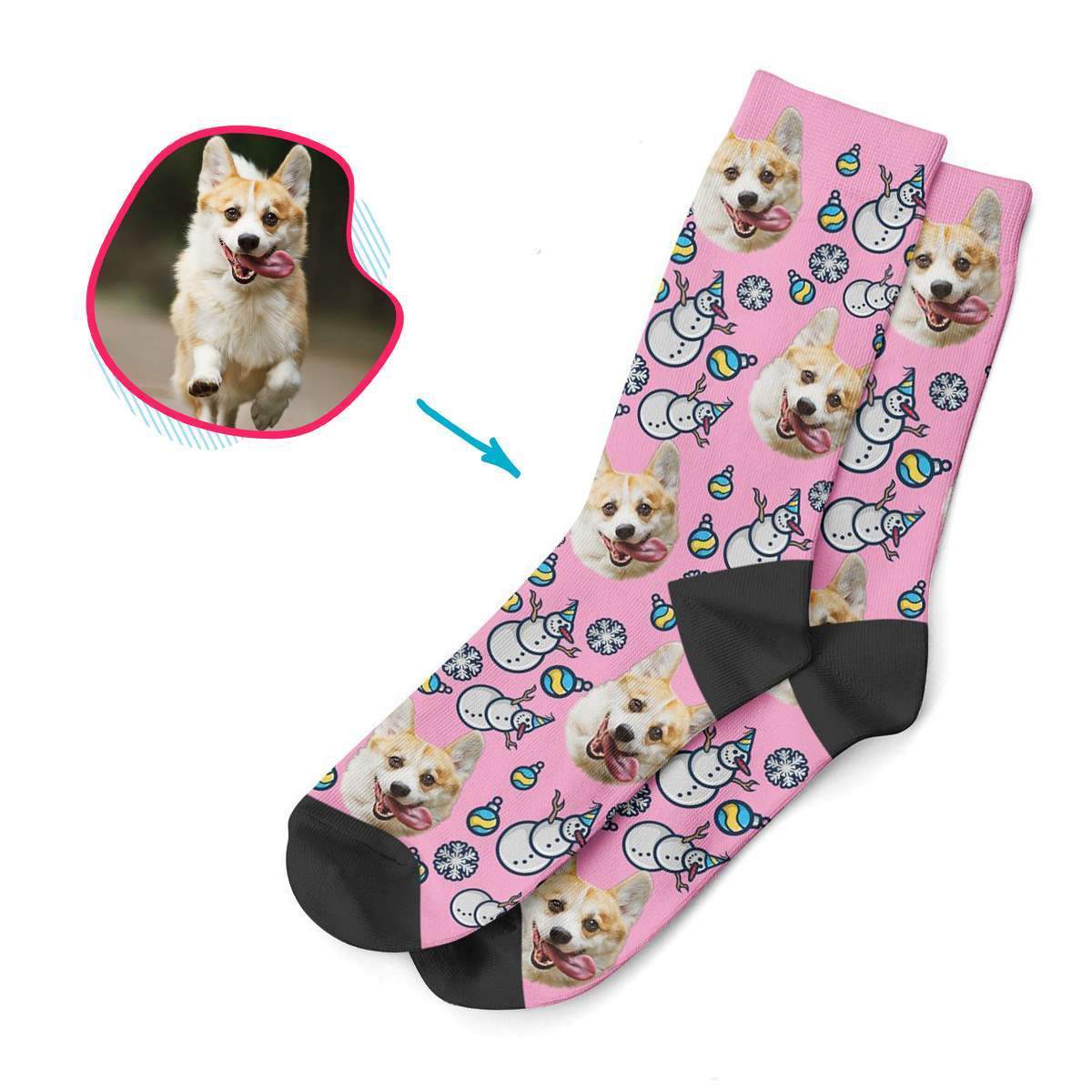 pink Snowman socks personalized with photo of face printed on them