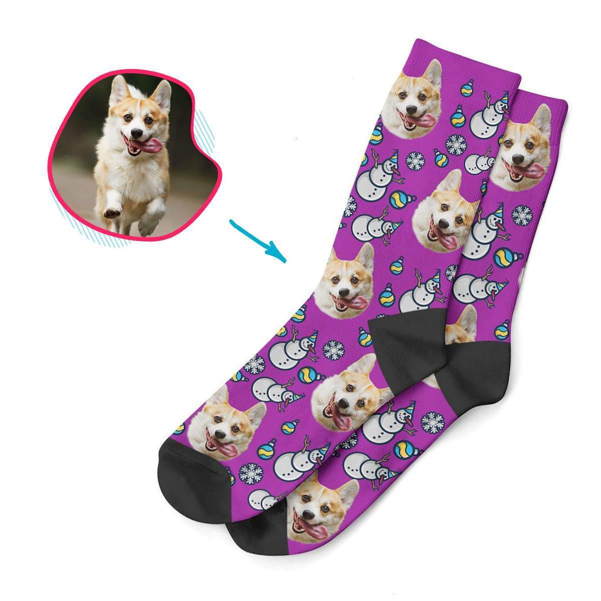purple Snowman socks personalized with photo of face printed on them