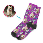 Load image into Gallery viewer, purple Snowman socks personalized with photo of face printed on them
