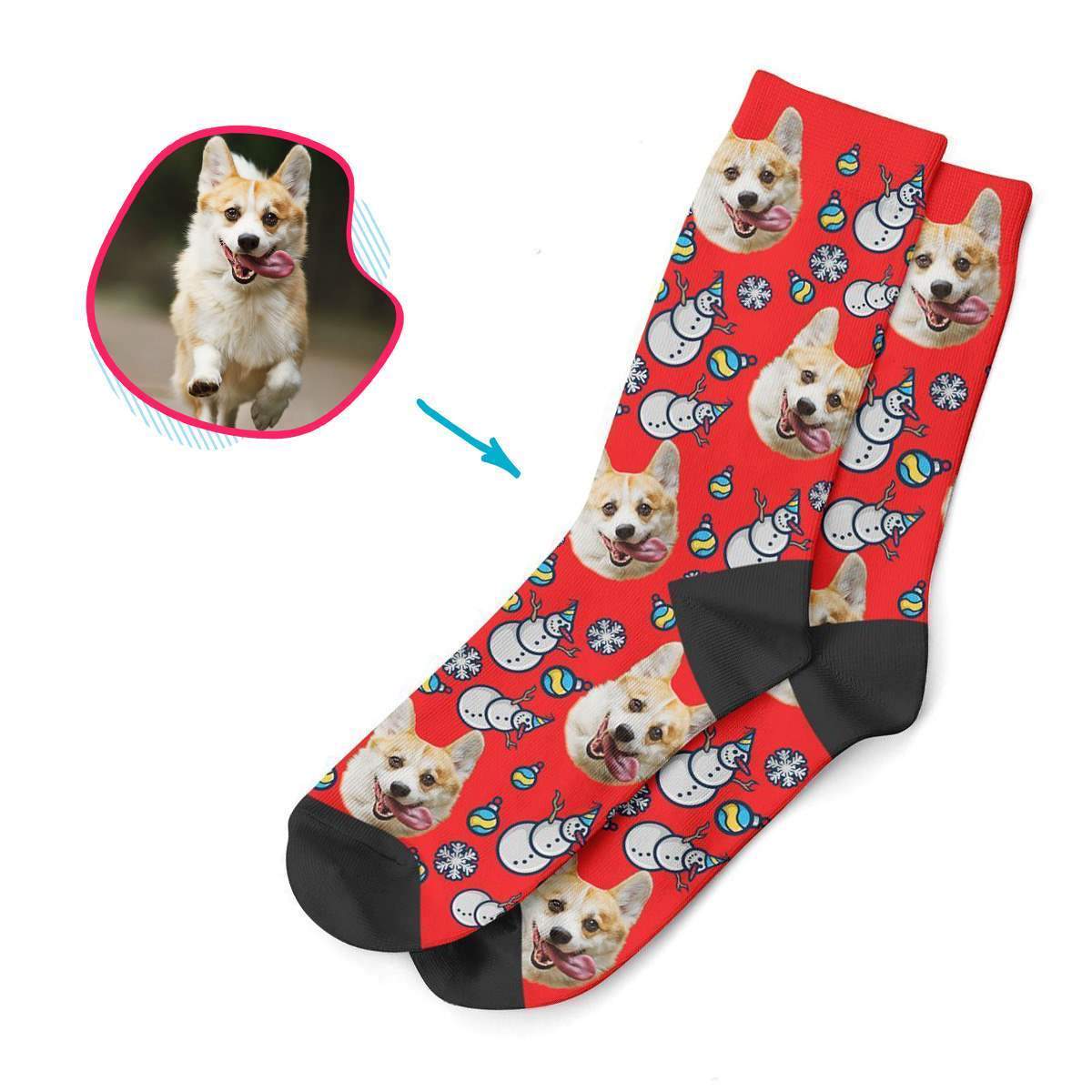 red Snowman socks personalized with photo of face printed on them