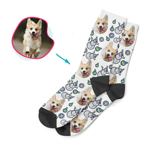 white Snowman socks personalized with photo of face printed on them