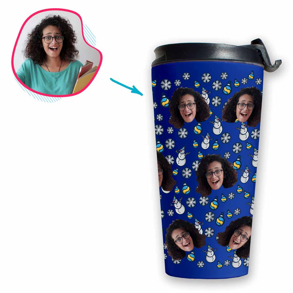 darkblue Snowman travel mug personalized with photo of face printed on it