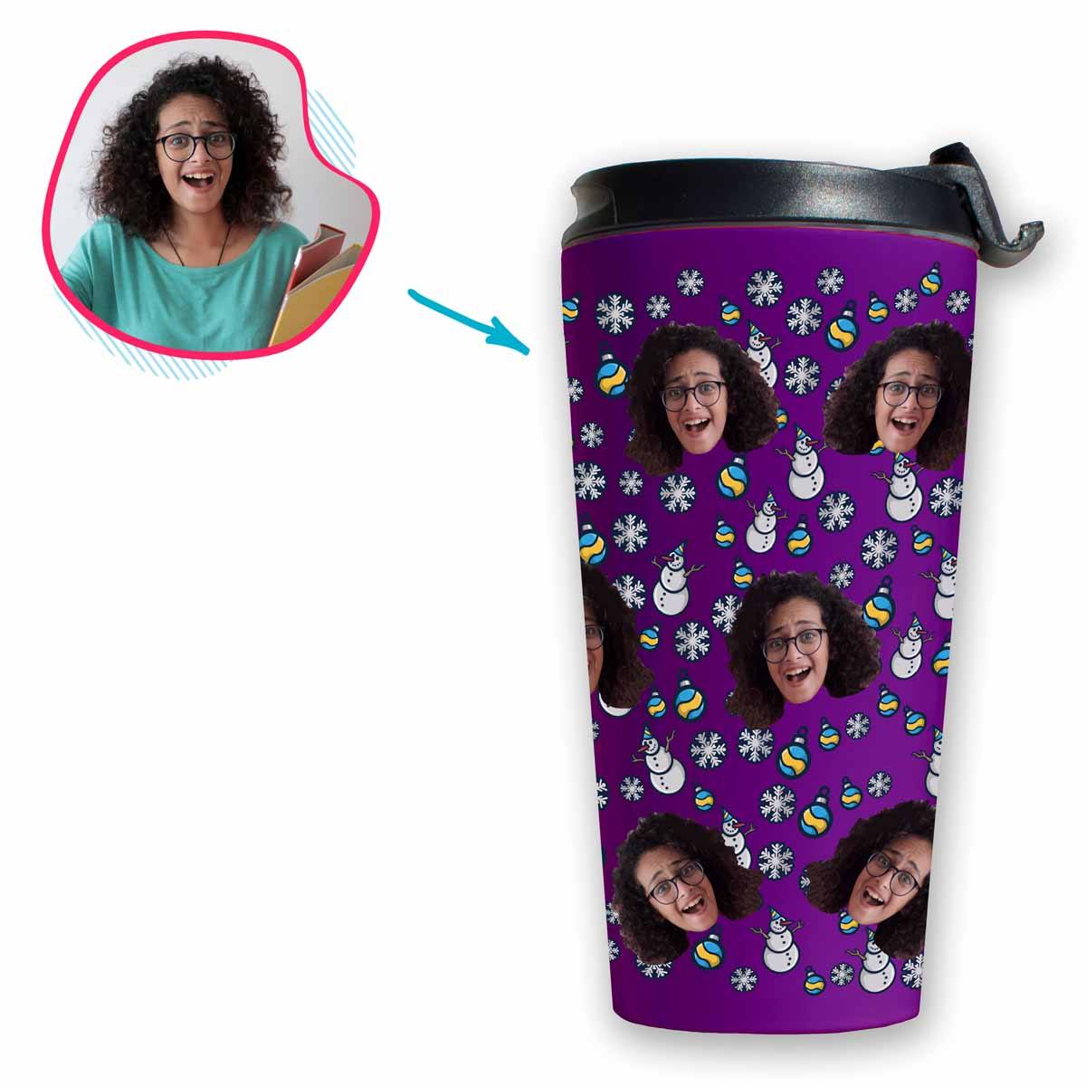 purple Snowman travel mug personalized with photo of face printed on it