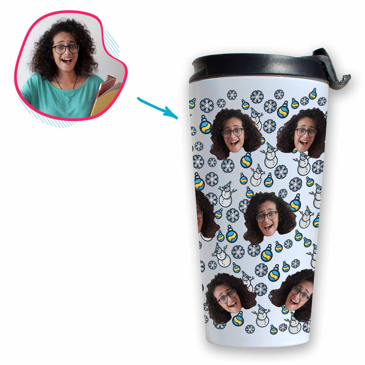 white Snowman travel mug personalized with photo of face printed on it