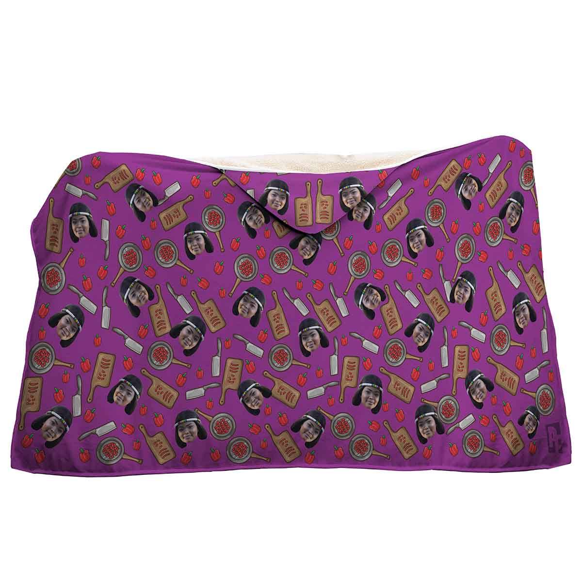 purple Сooking hooded blanket personalized with photo of face printed on it