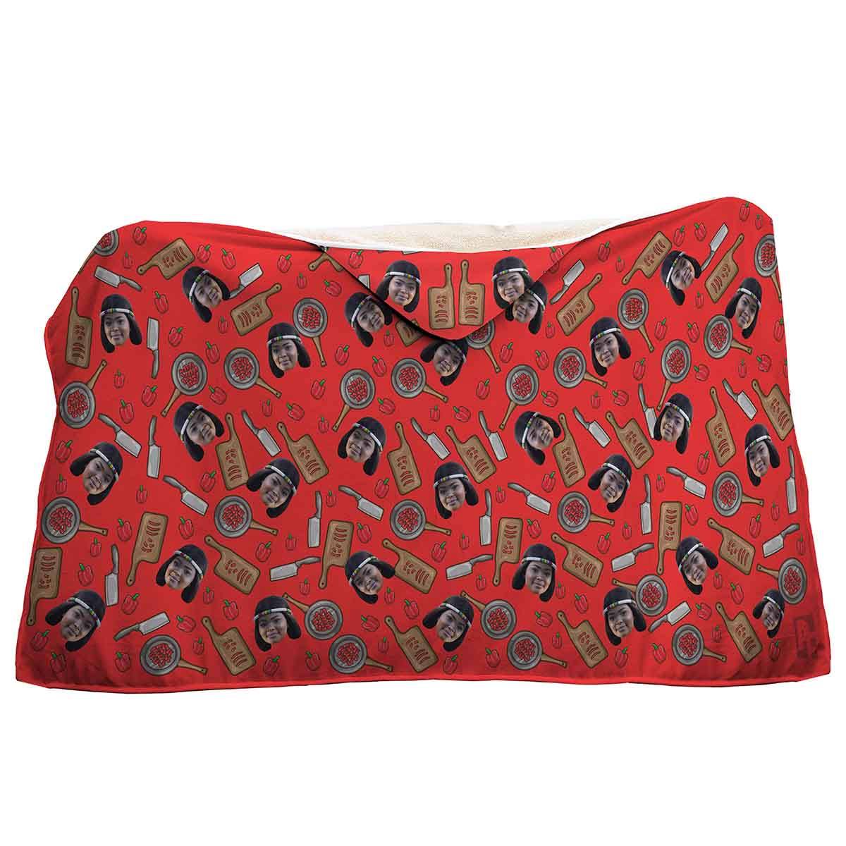 red Сooking hooded blanket personalized with photo of face printed on it