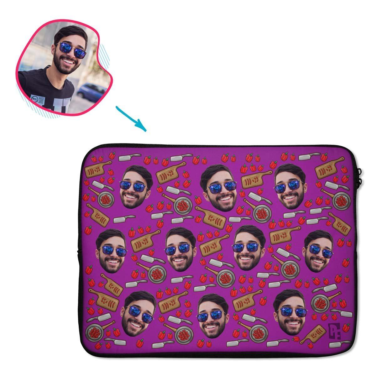 purple Сooking laptop sleeve personalized with photo of face printed on them