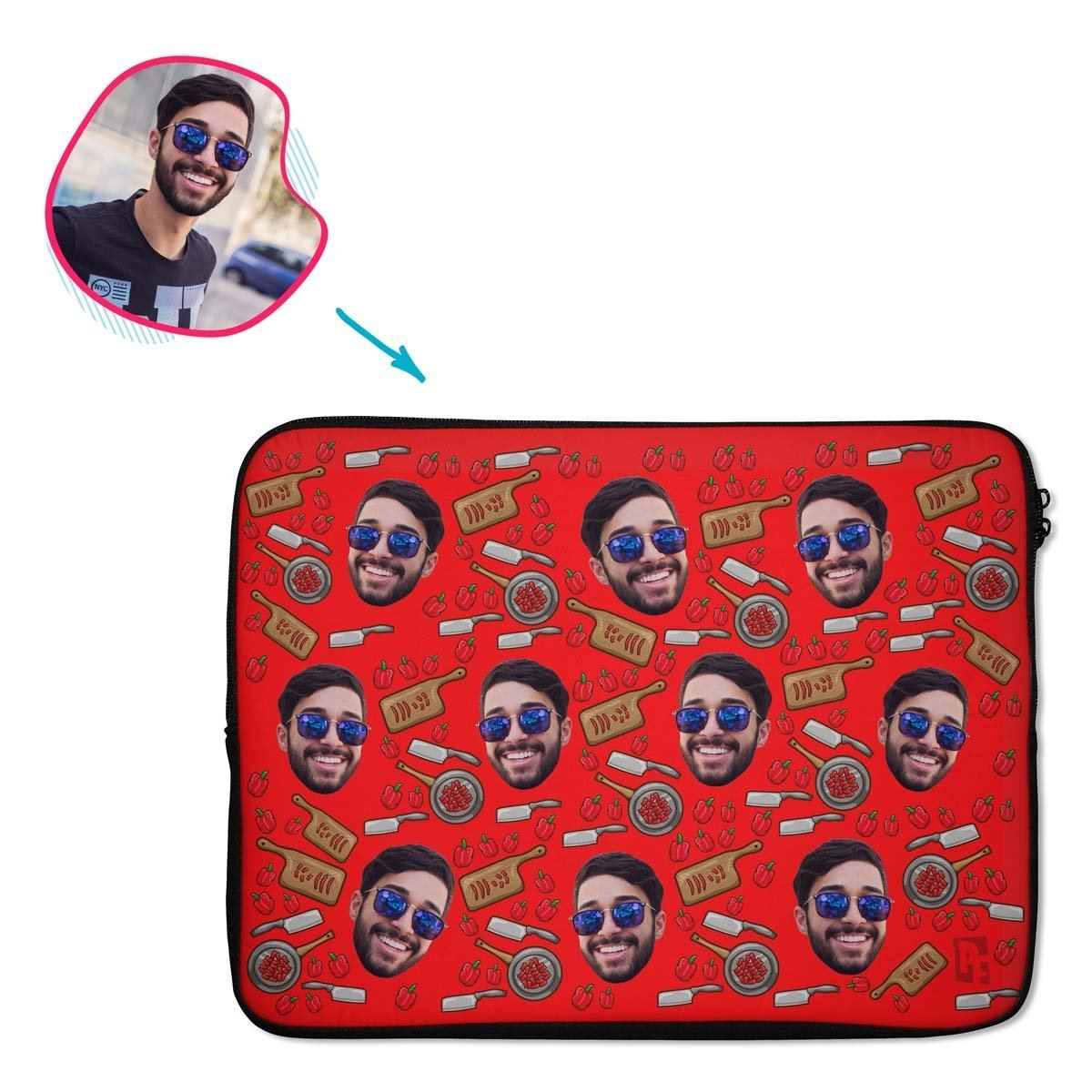 red Сooking laptop sleeve personalized with photo of face printed on them