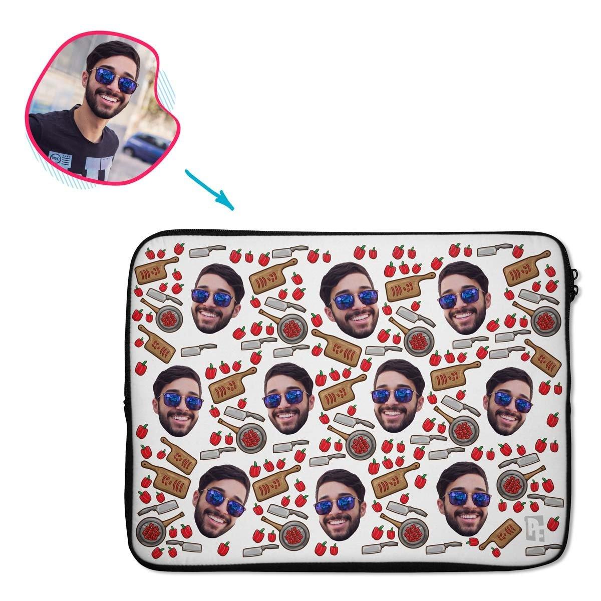 white Сooking laptop sleeve personalized with photo of face printed on them