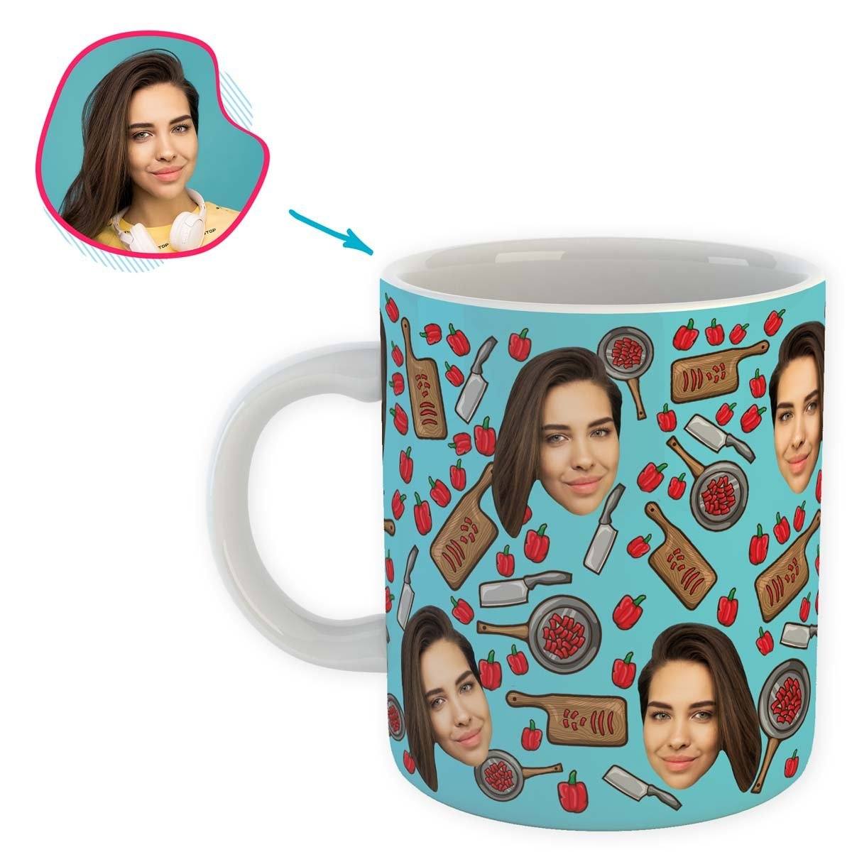 blue Сooking mug personalized with photo of face printed on it