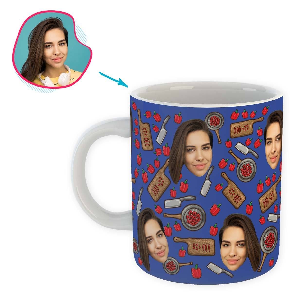 darkblue Сooking mug personalized with photo of face printed on it