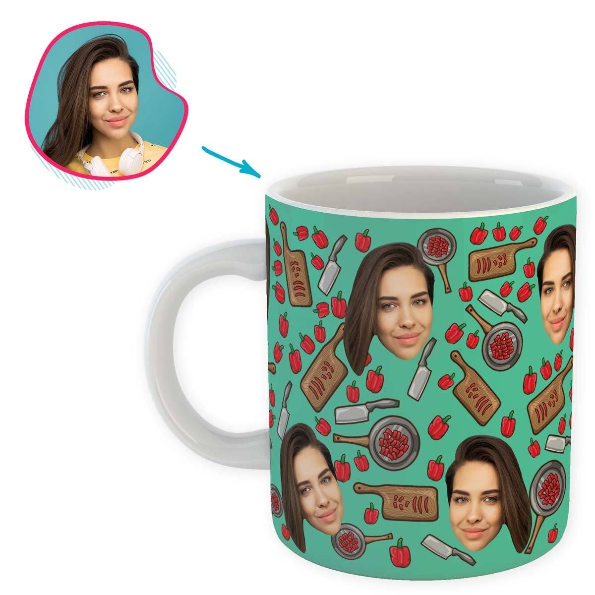 mint Сooking mug personalized with photo of face printed on it