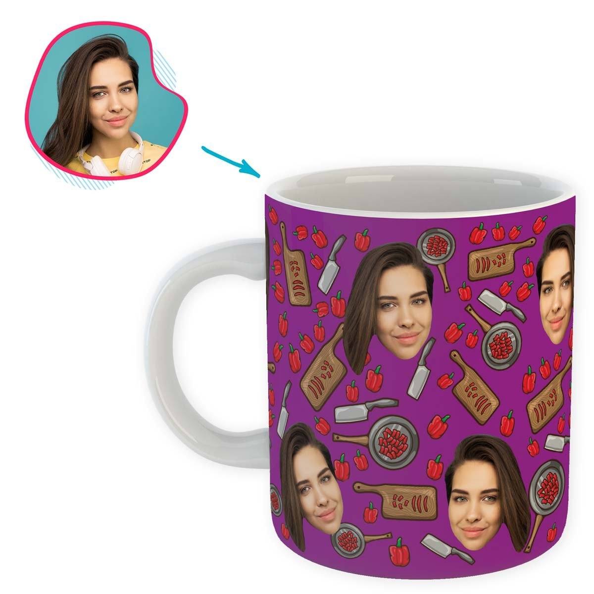 purple Сooking mug personalized with photo of face printed on it