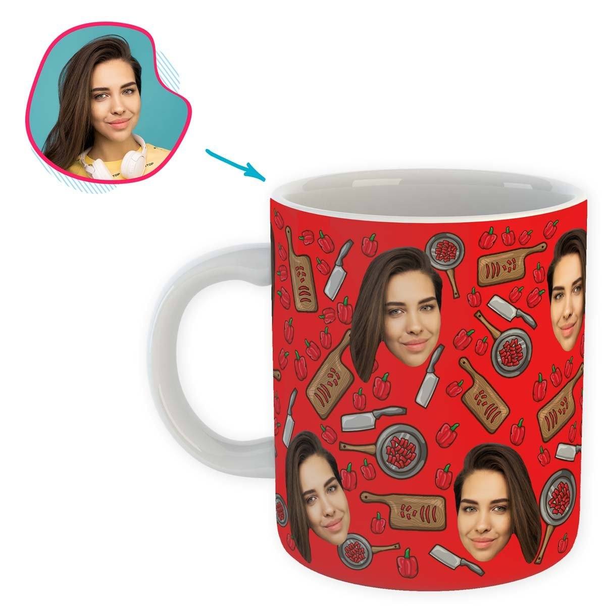 red Сooking mug personalized with photo of face printed on it