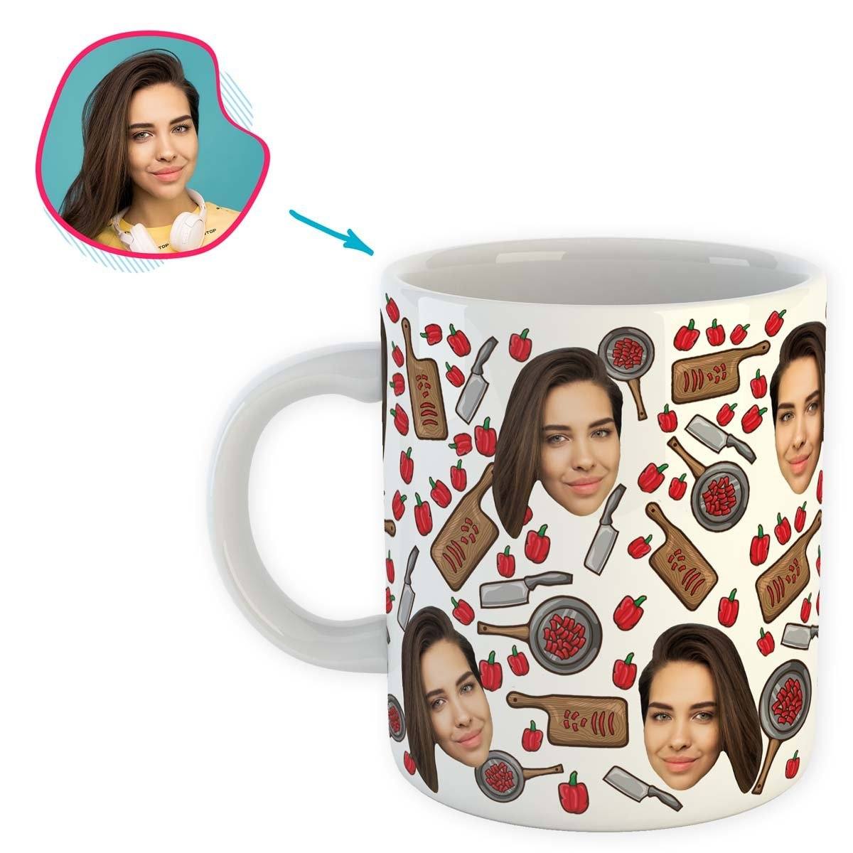 white Сooking mug personalized with photo of face printed on it