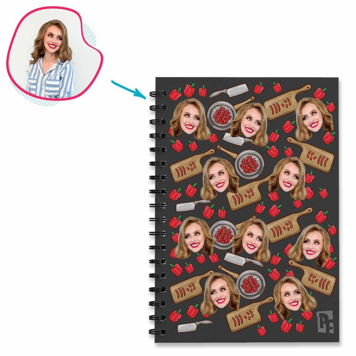 dark Сooking Notebook personalized with photo of face printed on them