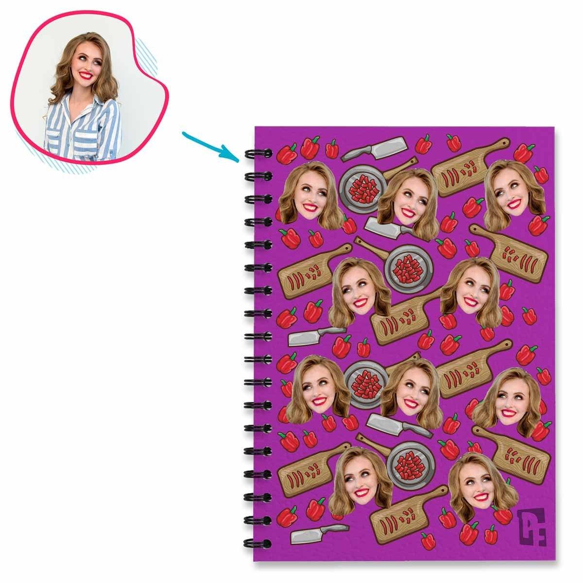 purple Сooking Notebook personalized with photo of face printed on them