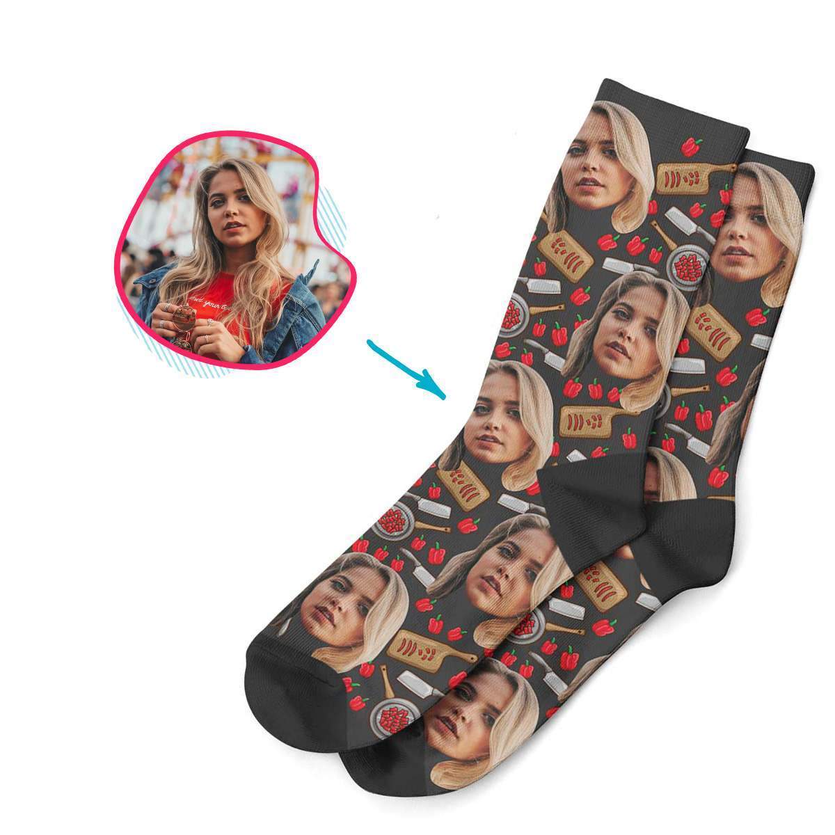 dark Сooking socks personalized with photo of face printed on them