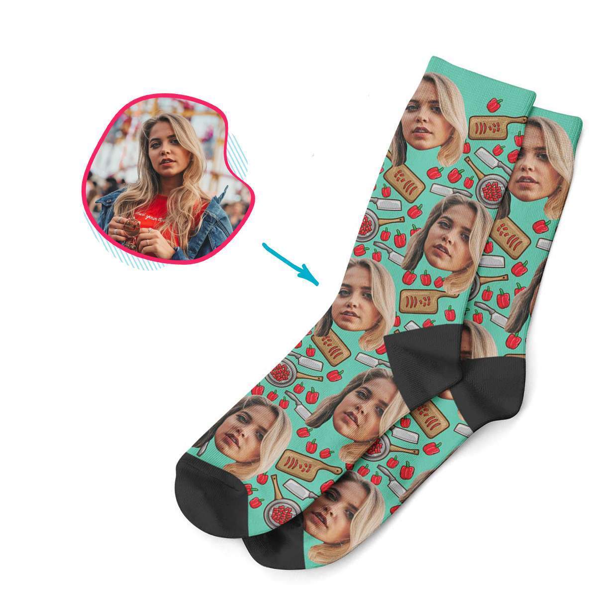 mint Сooking socks personalized with photo of face printed on them