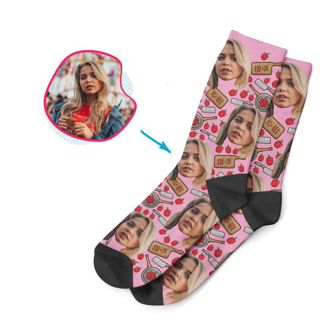 pink Сooking socks personalized with photo of face printed on them