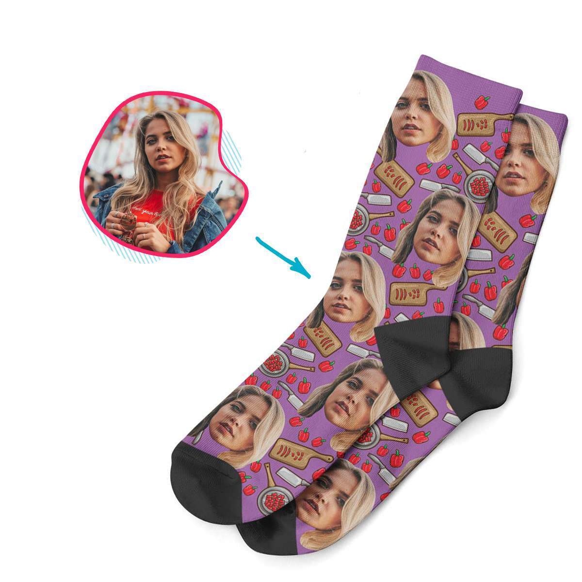 purple Сooking socks personalized with photo of face printed on them