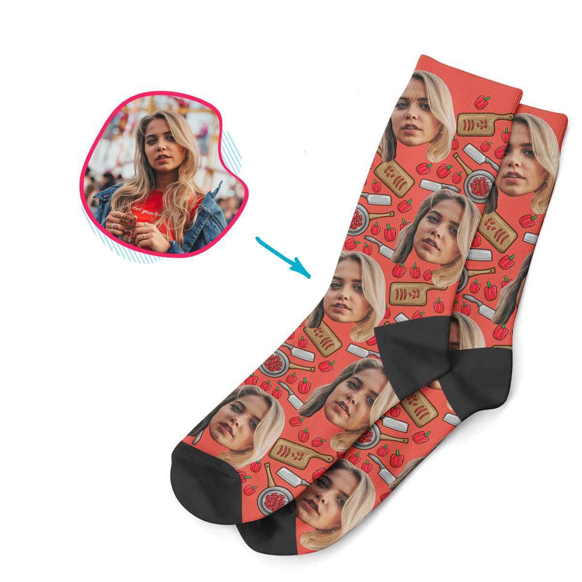 red Сooking socks personalized with photo of face printed on them