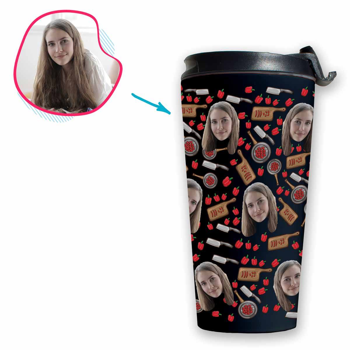 dark Сooking travel mug personalized with photo of face printed on it