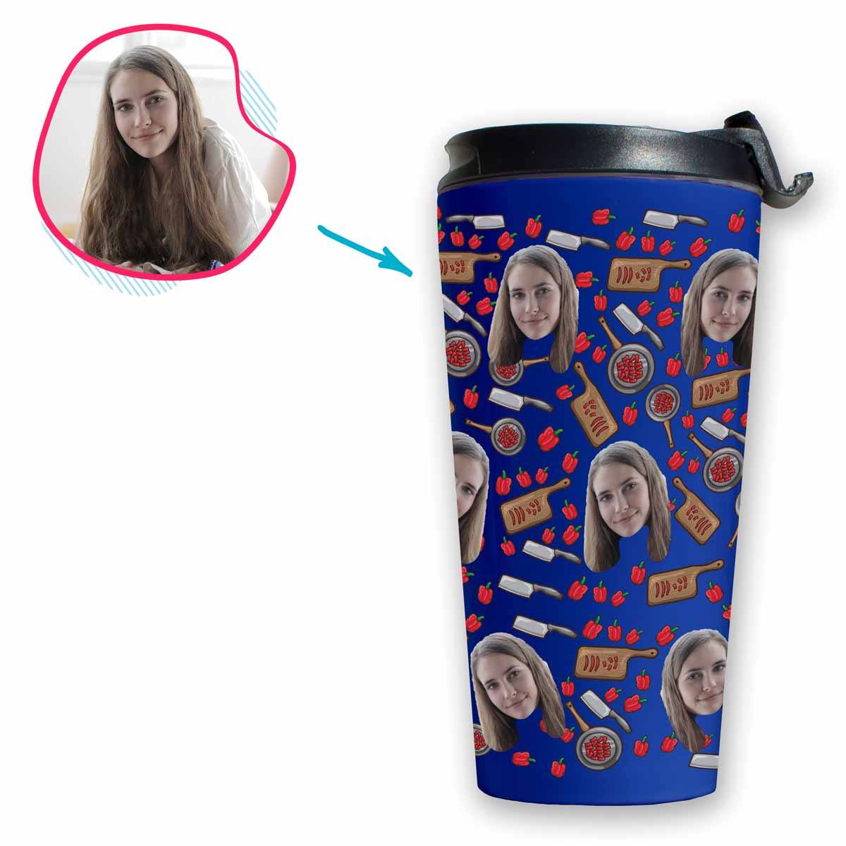 darkblue Сooking travel mug personalized with photo of face printed on it