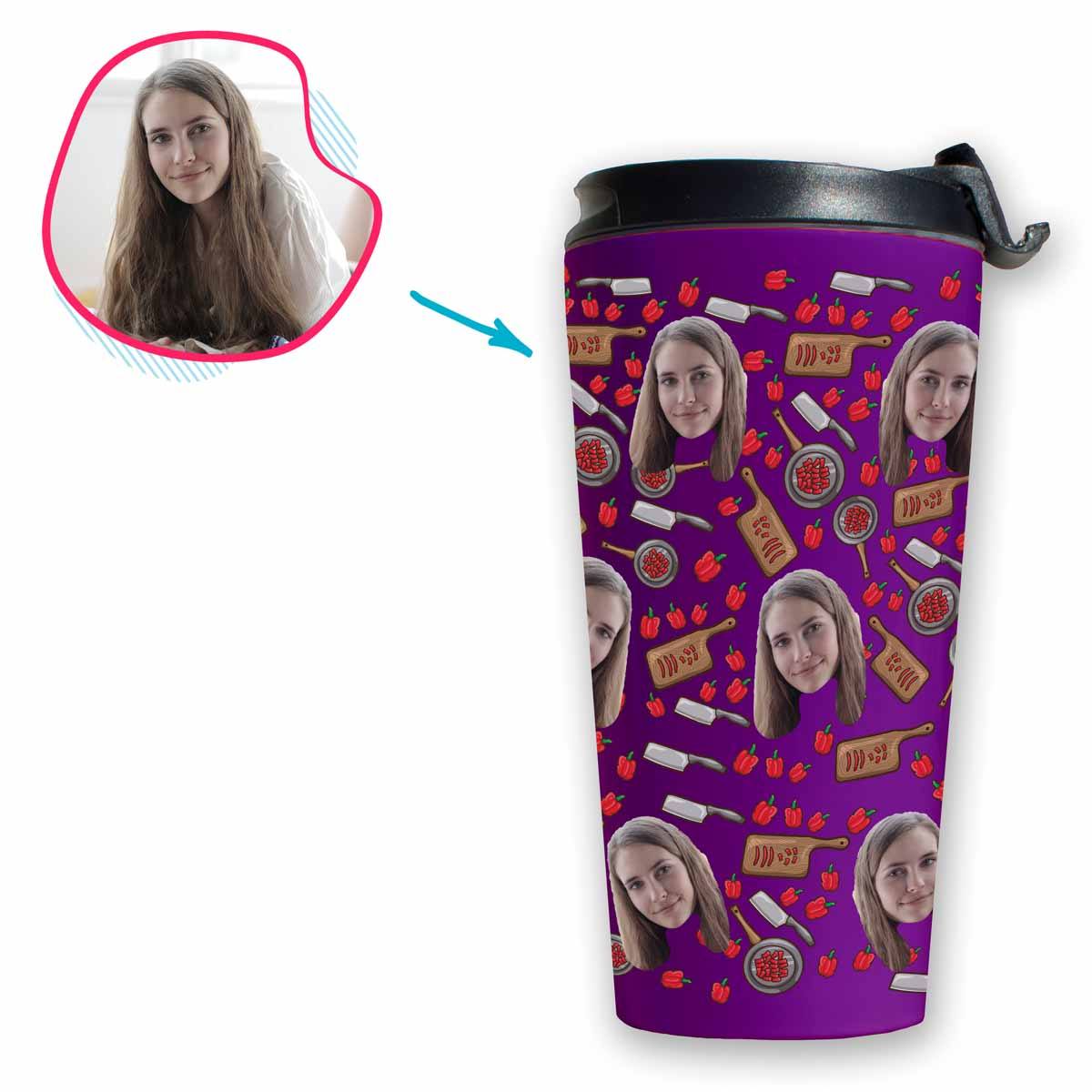 purple Сooking travel mug personalized with photo of face printed on it