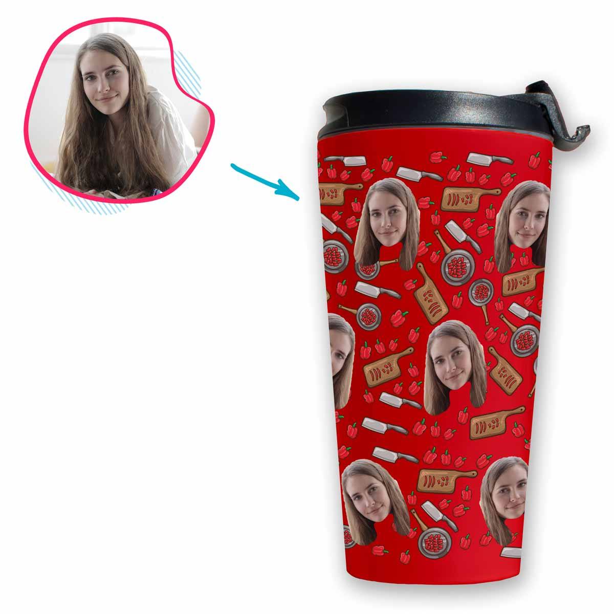 red Сooking travel mug personalized with photo of face printed on it