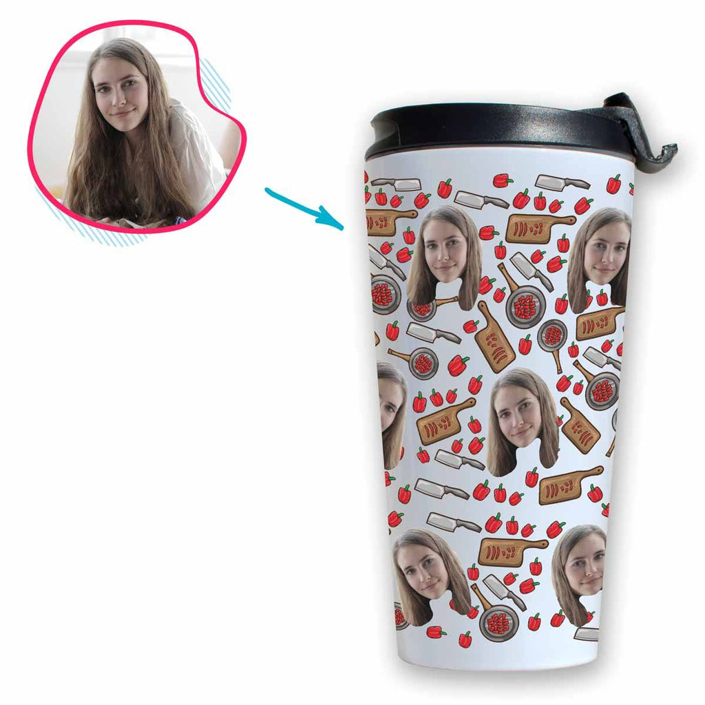 white Сooking travel mug personalized with photo of face printed on it